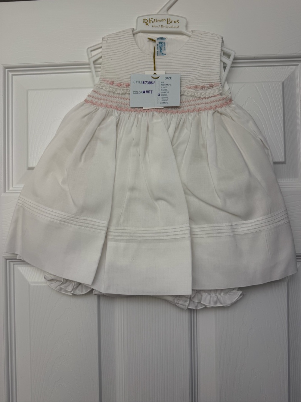 NWT Feltman Bros Dress 9M White Pink Smocked Hand Embroidered Dress + Bloomers